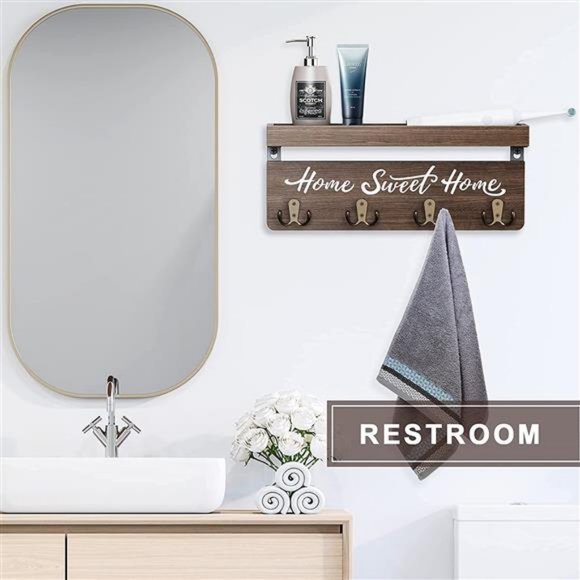 buways Wall-Mounted Key and Mail Holder, Wooden Key Rack with 4 Double Key Hooks - Picture 5 of 6